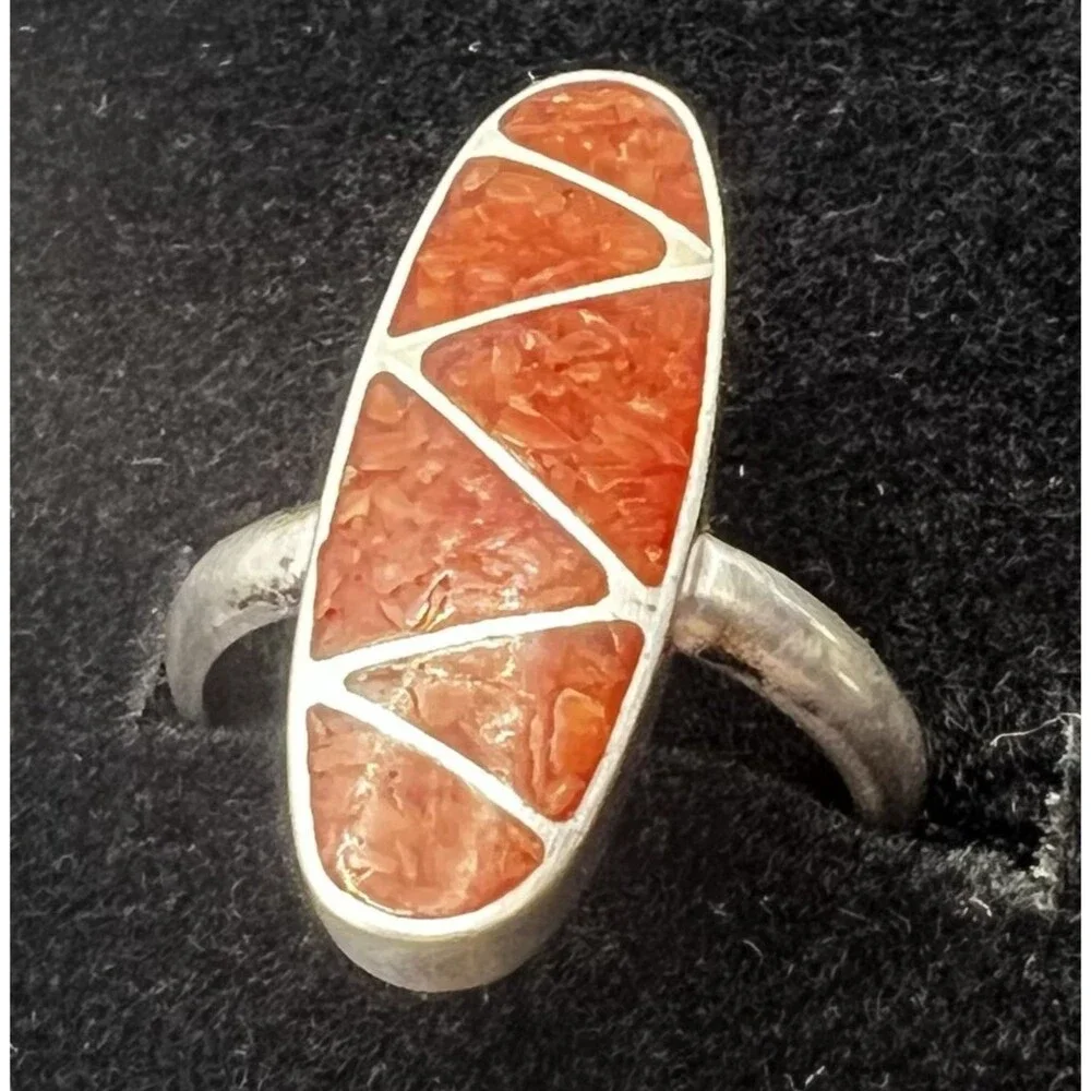 Sterling Silver Vintage Native Coral Inlay Ring Size 5, 4 Grams Total Weight